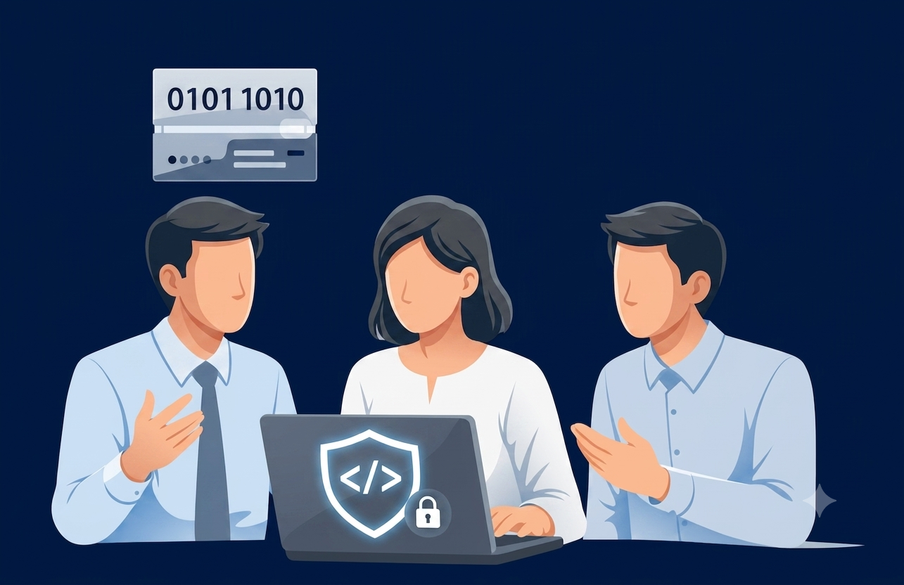 Tim developer berdiskusi di depan laptop dengan lambang keamanan kode
